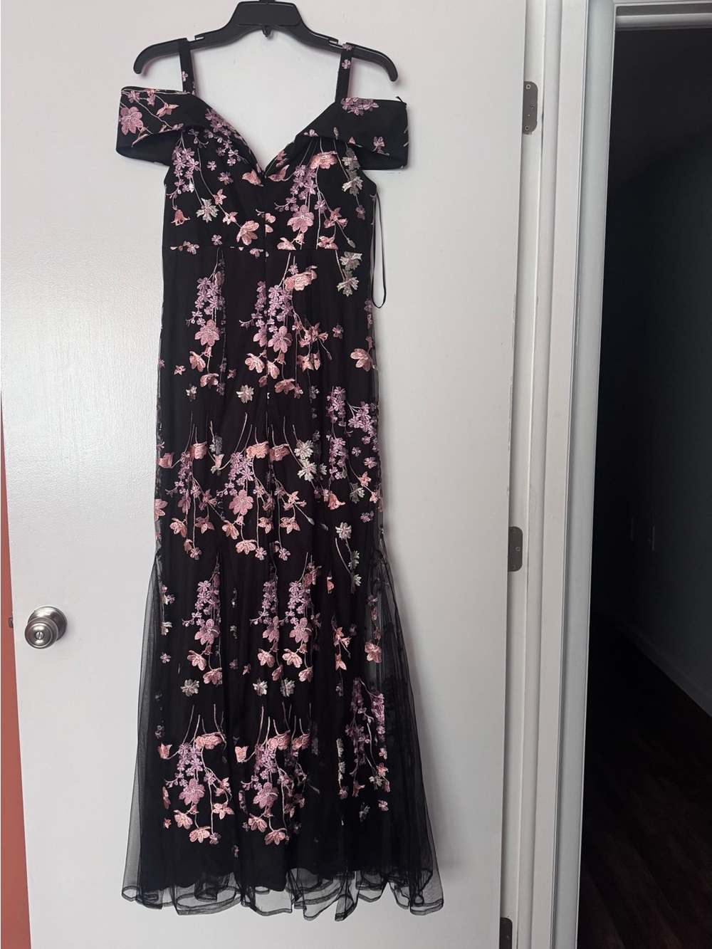 R&M Richards Black Dress with Pink Floral Embroidery